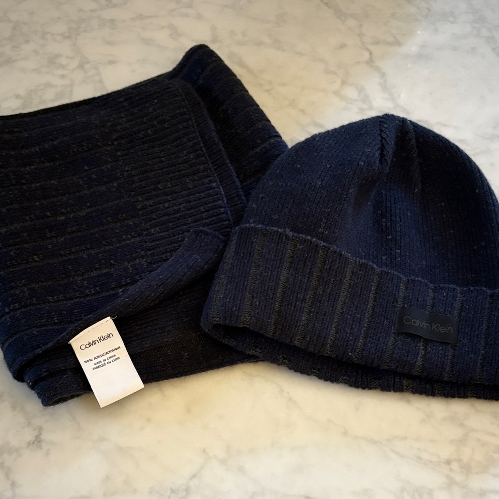 Calvin Klein Dark Blue Knit Beanie and Scarf Set
